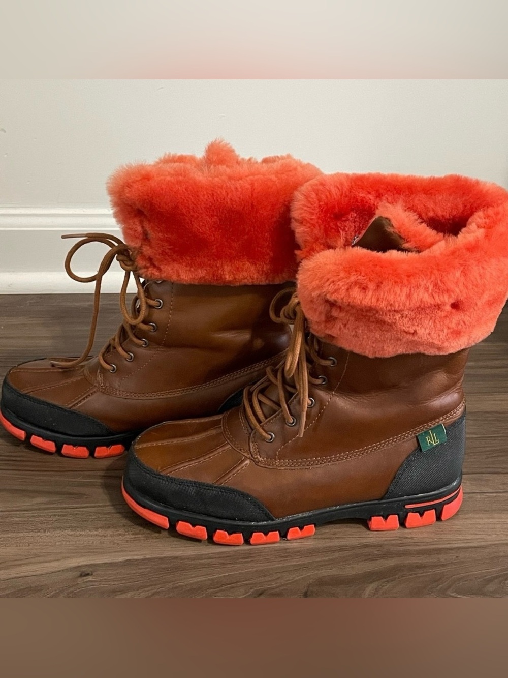 Ralph Lauren Brown Leather Cold-Weather Boots with Orange Fur Trim